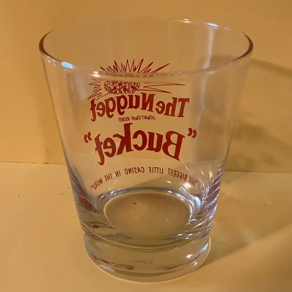 2 Vintage The Nugget Bucket Reno Casino Cocktail Bar Glasses Red Lettering 4.5”